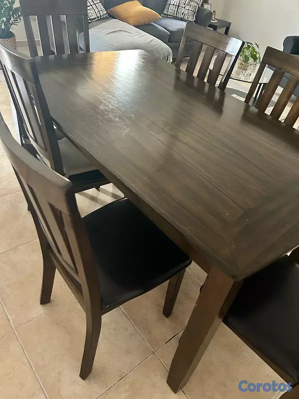 muebles y colchones - Juego de comedor de 6 sillas en madera Roble. Sillas con asiento en cuero negro 3
