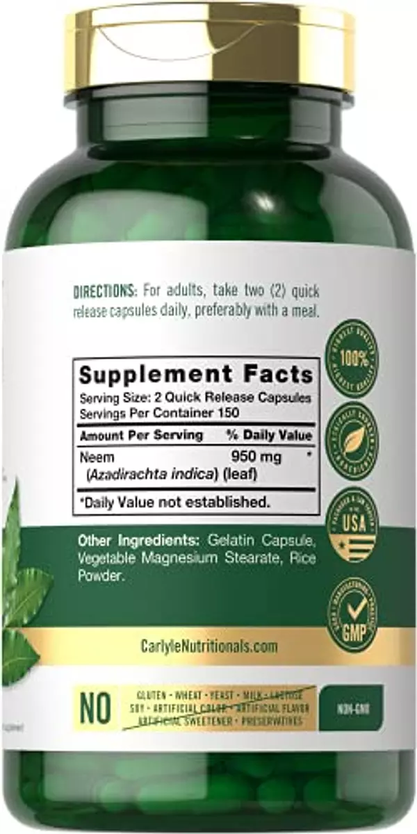Salud y Equipamiento Médico - Hoja De Neem | 950 Mg | 300 Capsulas En Polvo | Formula Sin 3