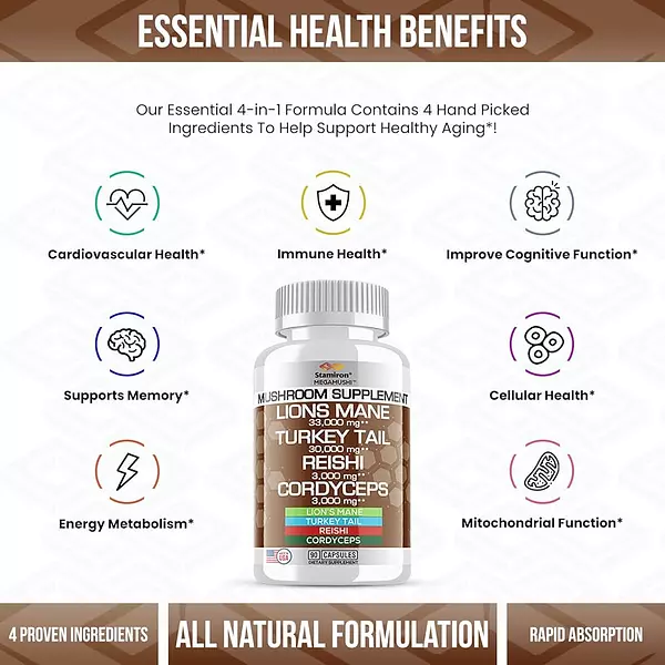 Salud y Equipamiento Médico - Lions Mane Supplement 33,000mg Turkey Tail Mushroom Capsules 3