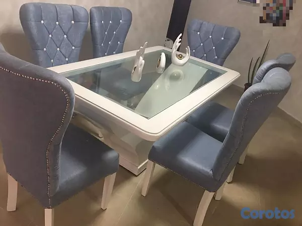 muebles y colchones - Comedor de Caoba + 8 Sillas tapisadas en azul 2