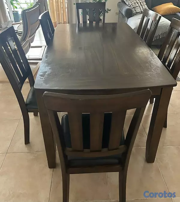 muebles y colchones - Juego de comedor de 6 sillas en madera Roble. Sillas con asiento en cuero negro 4