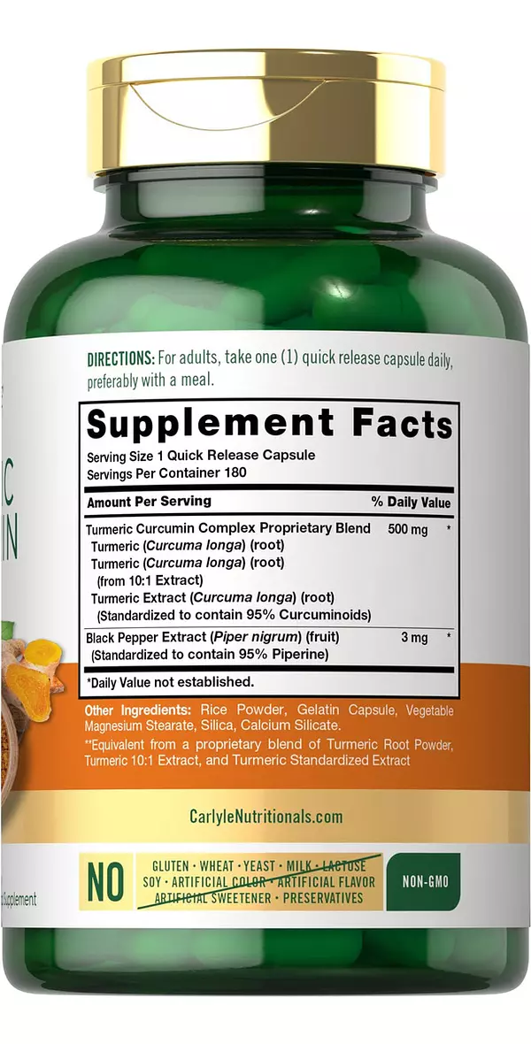 Salud y Equipamiento Médico - Carlyle Curcuma Curcumina Con Bioperine | 500 Mg | 180 Capsulas 2