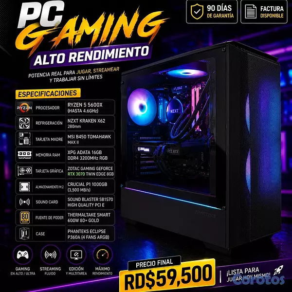 computadoras y laptops - Pc Gaming RGB ---Alto Rendimiento--- Ryzen 5600x 5
