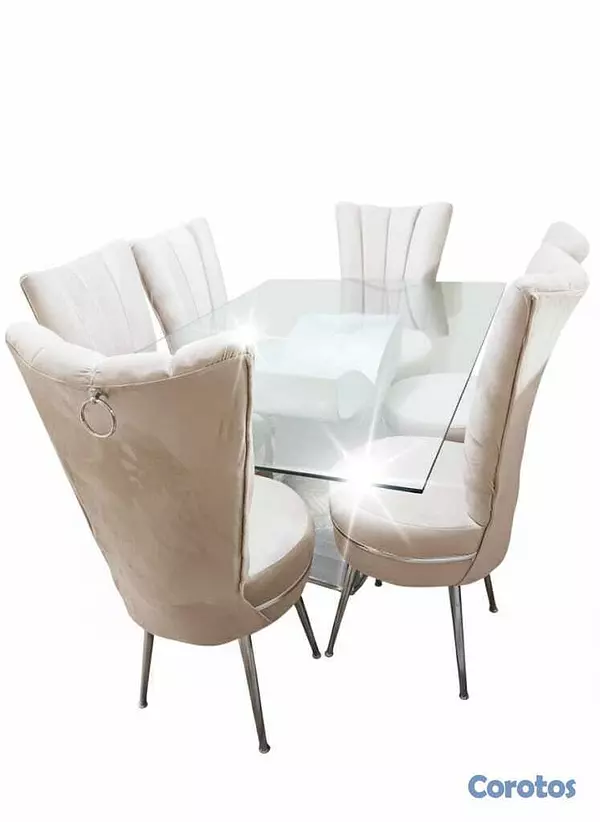 muebles y colchones - Comedor de 6  sillas, tono crema  y metal  platiad 6
