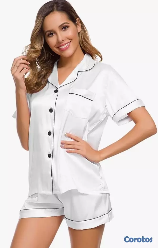 ropa para mujer - Pijamas blancas cómodas mangas y pantalones cortos 2