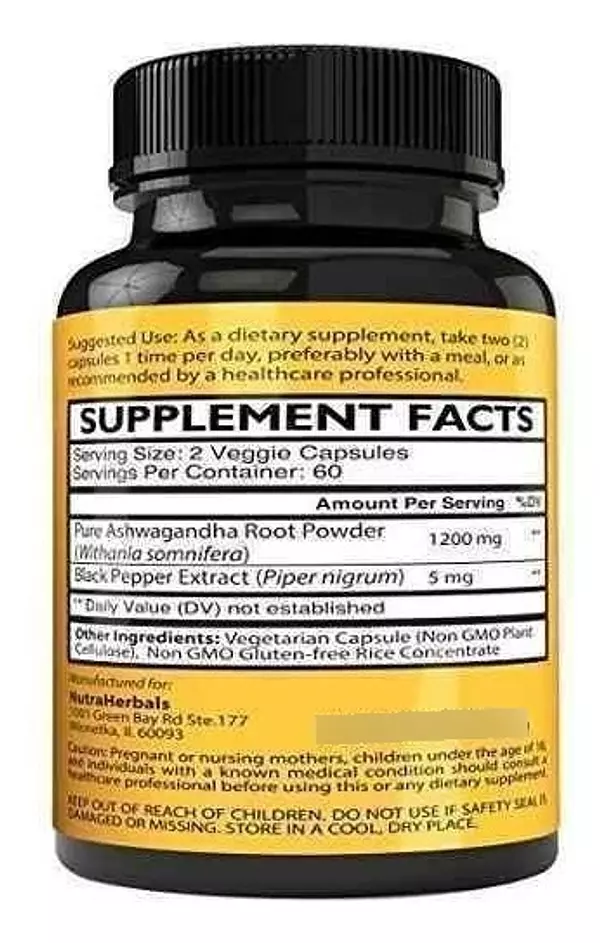 Salud y Equipamiento Médico - Polvo Orgánico De La Raíz De Ashwagandha 1200mg 120 Caps 3
