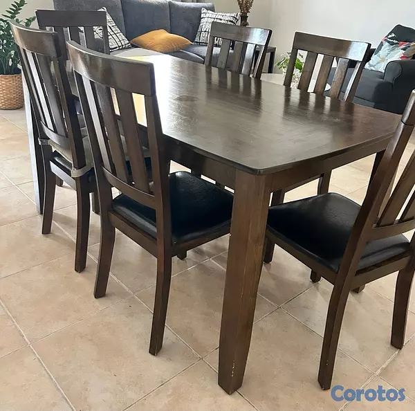 muebles y colchones - Juego de comedor de 6 sillas en madera Roble. Sillas con asiento en cuero negro 2