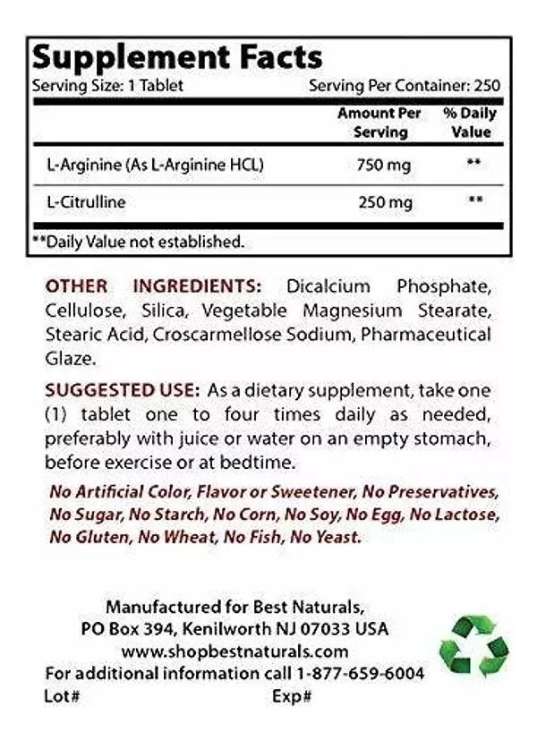 Salud y Equipamiento Médico - Best Naturals L-arginine L-citruline Complex Tabletas, 250 U 2