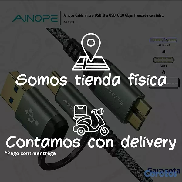 accesorios para electronica - Ainope Cable micro USB-B a USB-C 10 Gbps Trenzado  2