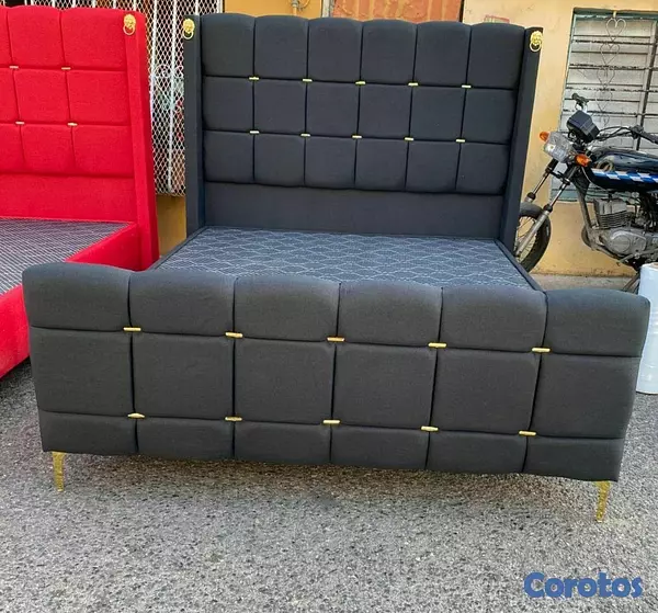 muebles y colchones - Cama tapizada moderna, color gris  2