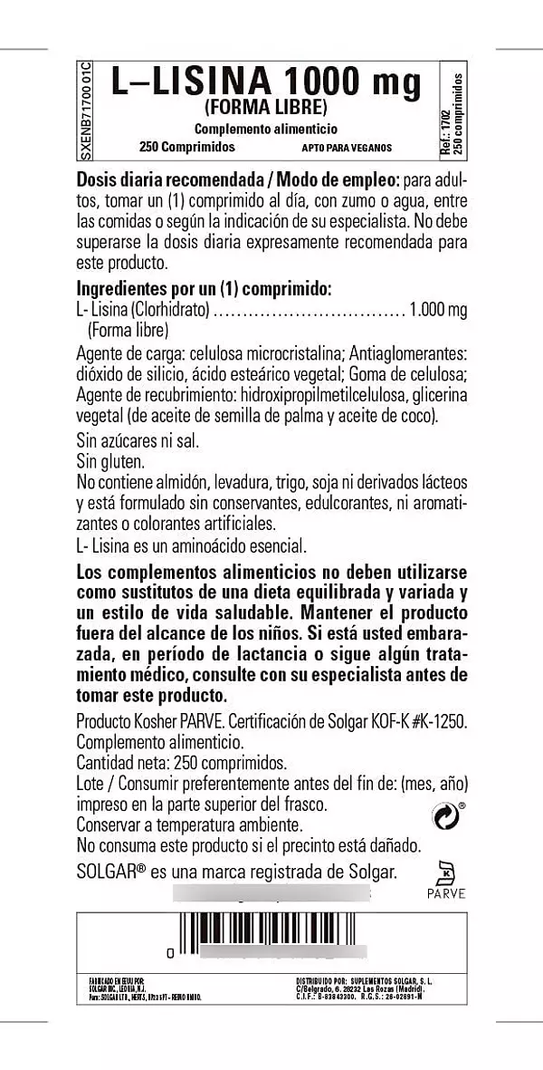 Salud y Equipamiento Médico - L Lisina 1000 Mg, Solgar Piel Y Labios 250 Tabletas 6