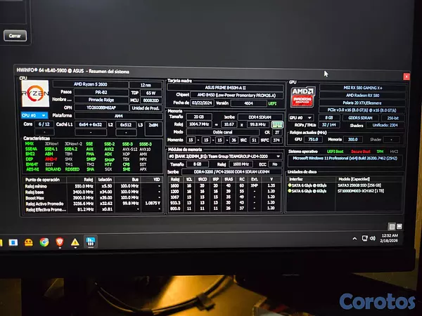 computadoras y laptops - PC Gamer | Ryzen 5 2600 + RX 580 + 20GB RAM 7