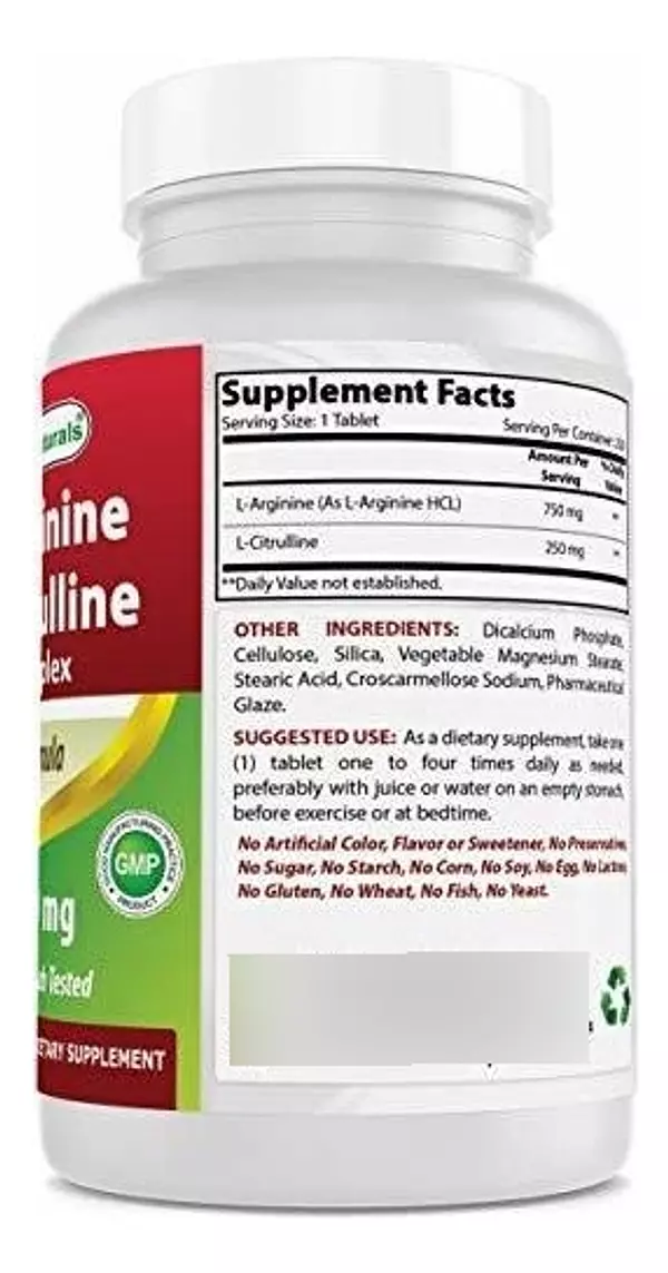 Salud y Equipamiento Médico - Best Naturals L-arginine L-citruline Complex Tabletas, 250 U 5