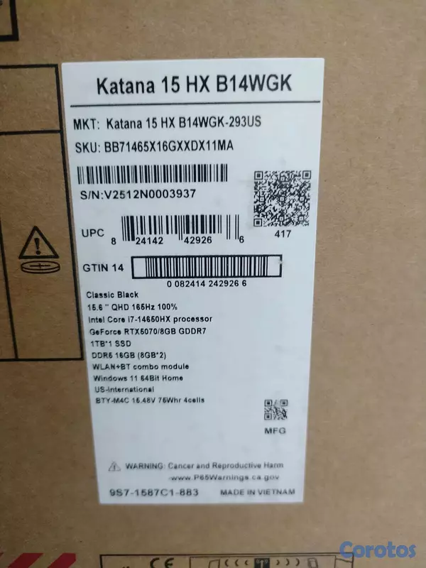 computadoras y laptops - Disponible  laptop  MSI Katana  15 HX B14WGK  Intel core i7 -14650HX procesador  4