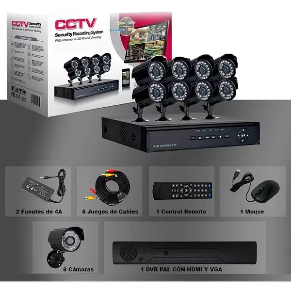 otros electronicos - Kit 8 Camaras de Seguridad 780p HD Dvr 8ch Hdmi Exterior Interior CCTV 4