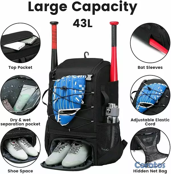 hobby y coleccion - Mochila para Béisbol, mochila deportiva color negro, para accesorios de pelota  7