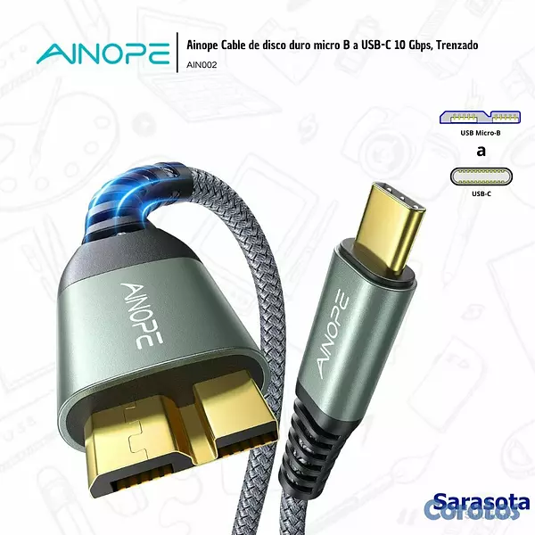 accesorios para electronica - Ainope Cable micro USB-B a USB-C 10 Gbps Trenzado 2