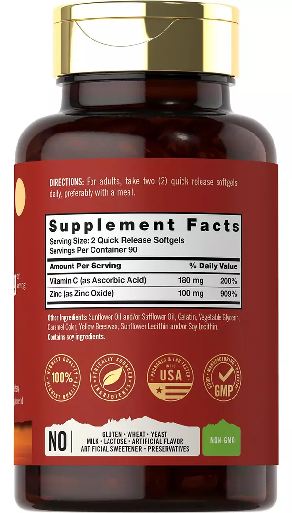 Salud y Equipamiento Médico - Suplemento De Zinc 100mg Con Vitamina C 180 capsulas Carlyle 2