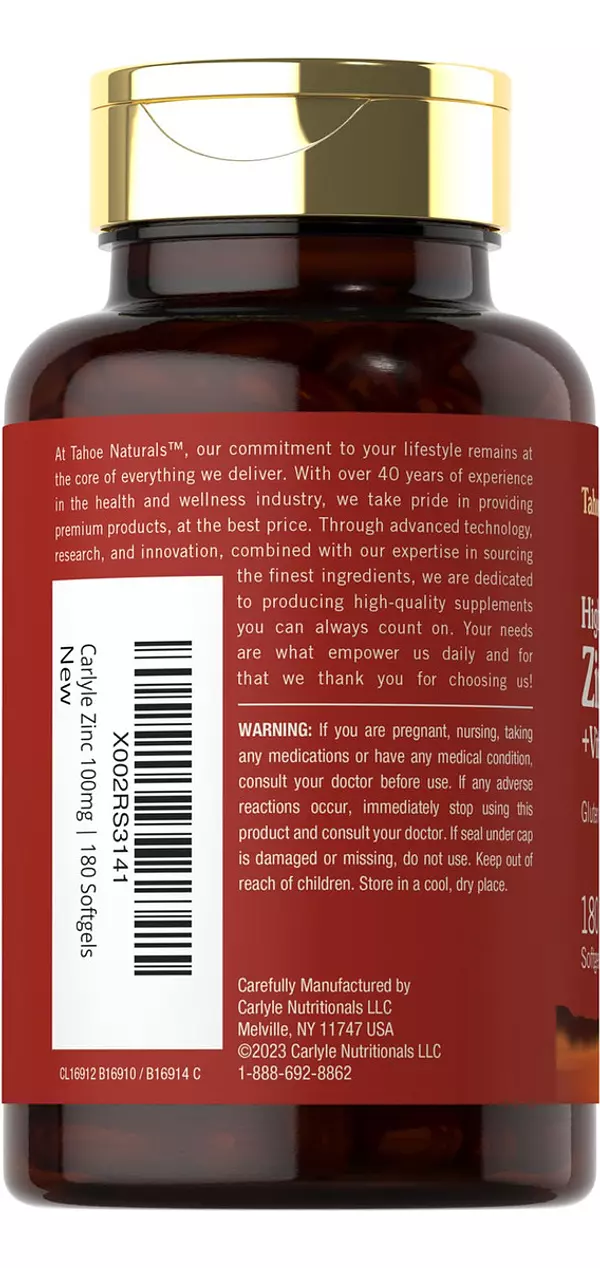 Salud y Equipamiento Médico - Suplemento De Zinc 100mg Con Vitamina C 180 capsulas Carlyle 3