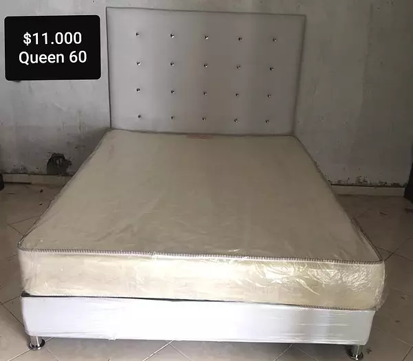 muebles y colchones - Cama Queen 60 Tapizada Nueva Negro Blanco y Gris  2