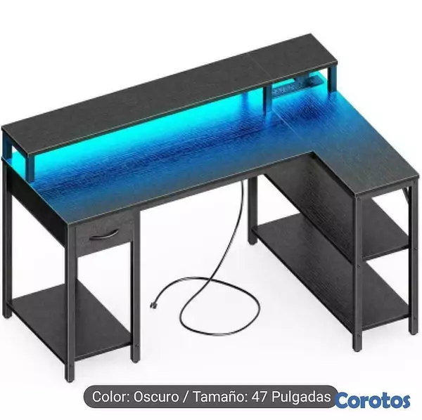 articulos de oficina - Escritorio Forma de L 47" Esquina Reversible, Iluminación LED y Tomacorriente 3