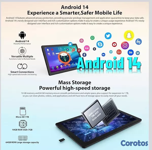 celulares y tabletas - Tablet 10” Android14,Octa-Core, 10GB RAM, 64GB ROM, 1TB Expandable, 1280x800 IPS 3
