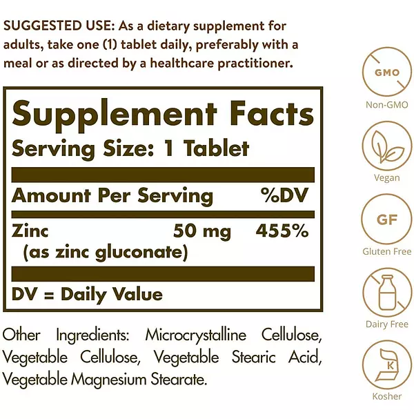 Salud y Equipamiento Médico - Zinc 50 Mg Piel Y Vision Saludable 100 Tabletas Solgar 2