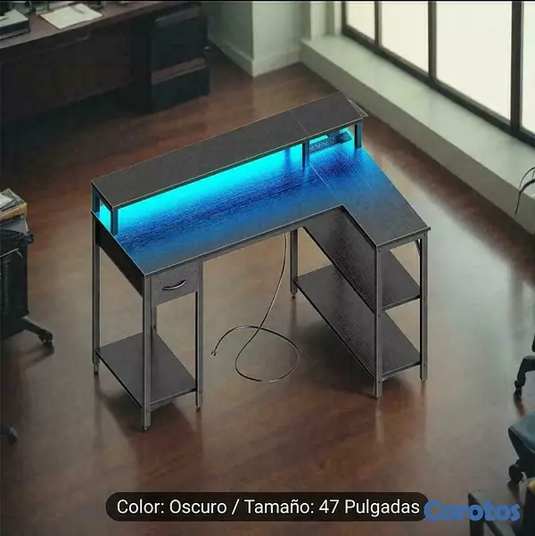 articulos de oficina - Escritorio Forma de L 47" Esquina Reversible, Iluminación LED y Tomacorriente 2