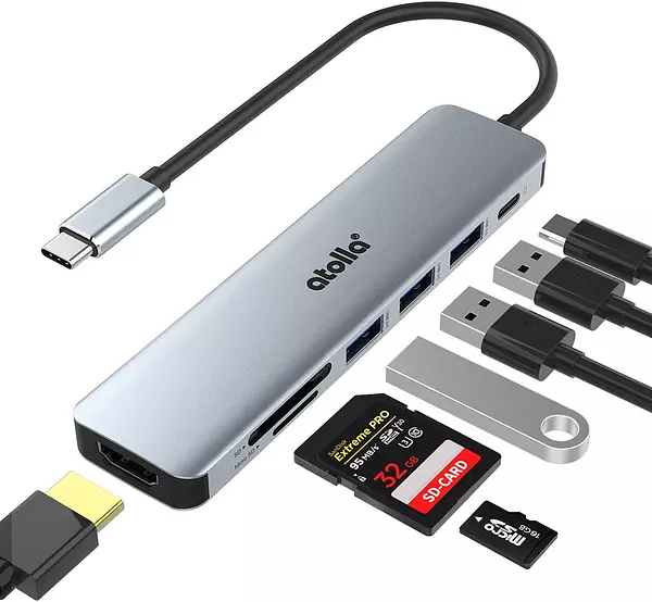 accesorios para electronica - 7 en 1 Adaptador USB C. HDMI 4K, 100W PD Carga, 3xUSB, tarjeta SD y microSD 1