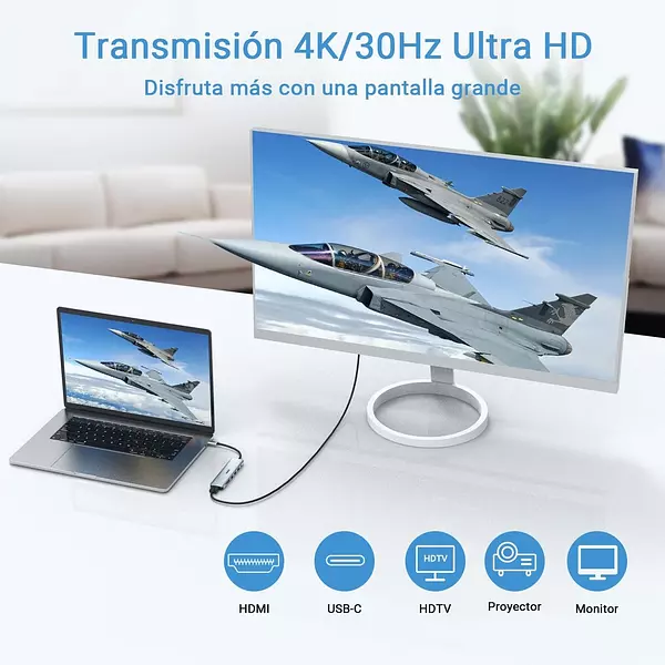 accesorios para electronica - 7 en 1 Adaptador USB C. HDMI 4K, 100W PD Carga, 3xUSB, tarjeta SD y microSD 2