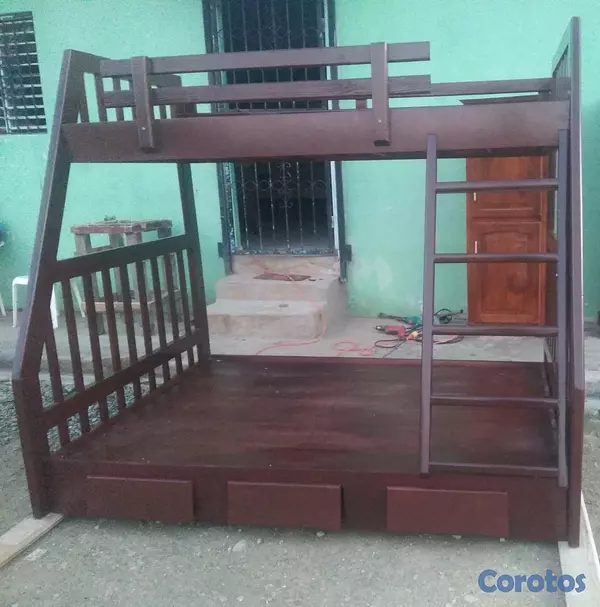 muebles y colchones - Camarote de dos niveles con gavetas color caoba  2