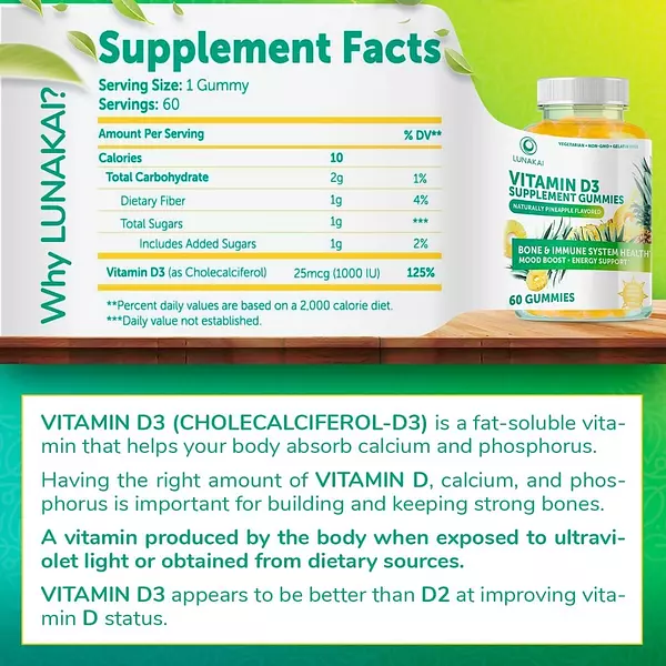Salud y Equipamiento Médico - Vitamina D3 25mcg 60gum Lunakai - - Unidad A $5205 2