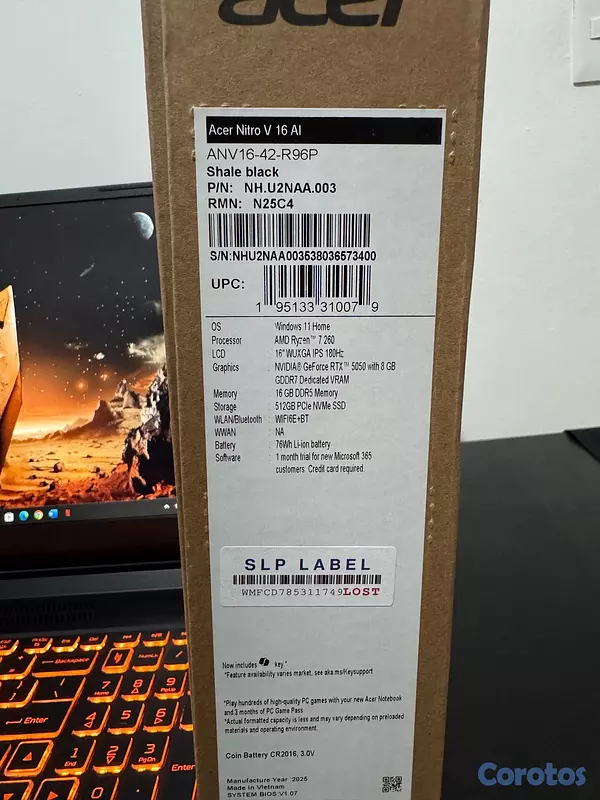 computadoras y laptops - Laptop Gamer Acer Nitro V16 RTX 5050 8GB / Ryzen 7 / 16GB DDR5 / 180Hz 6