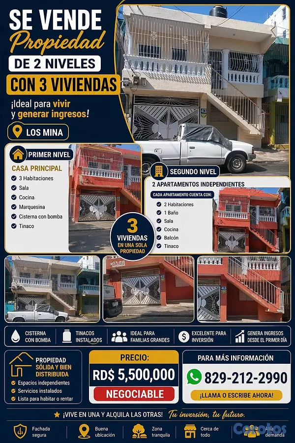 casas - Casa de 2 niveles con 3 viviendas en Los Mina – Id 4