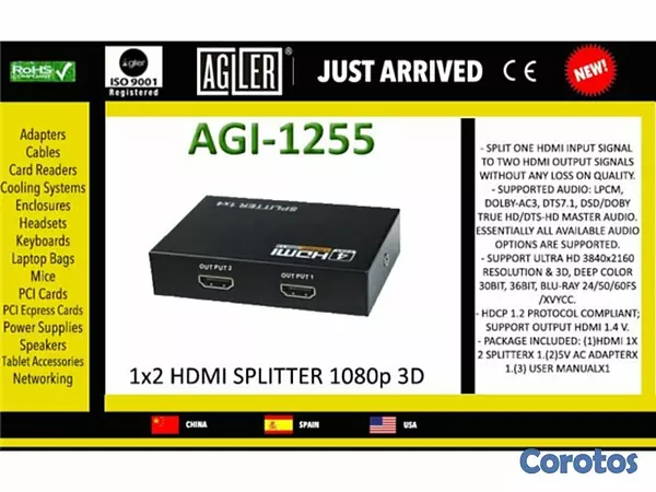computadoras y laptops - SPLITTER HDMI 1X2 AGILER, SUPORTA HASTA 1080P, (AGI-1255) 1