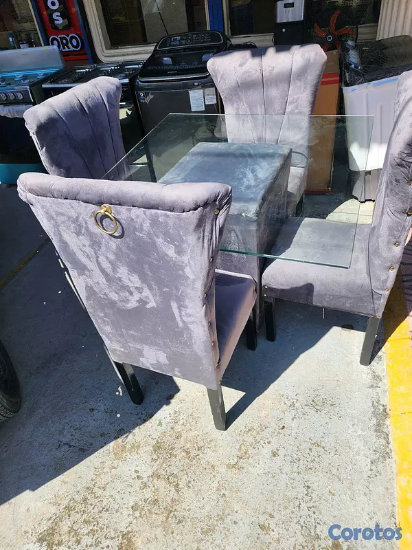 muebles y colchones - comedor 4 silla tope de cristal tapizado gris 2