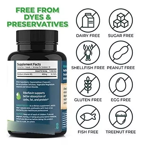 Salud y Equipamiento Médico - Vitamina B2 Riboflavina, 400 Mg - 90 Capsulas - Promueve Una 5