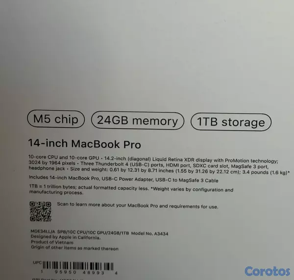computadoras y laptops - MacBook Pro 14” M5 2025 24GB/1TB Nuevas Selladas  3