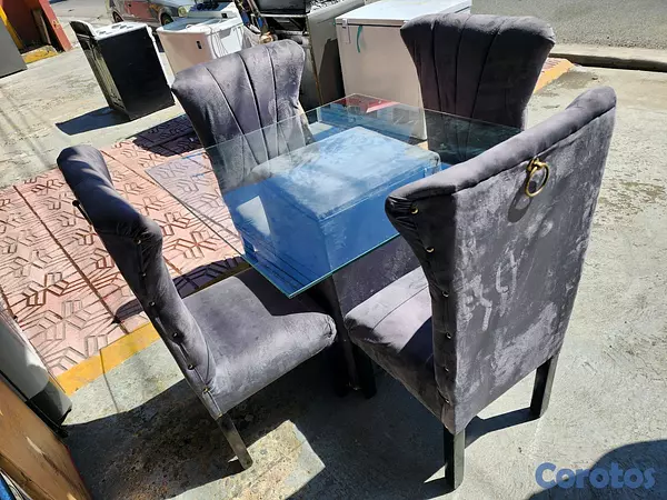 muebles y colchones - comedor 4 silla tope de cristal tapizado gris 4