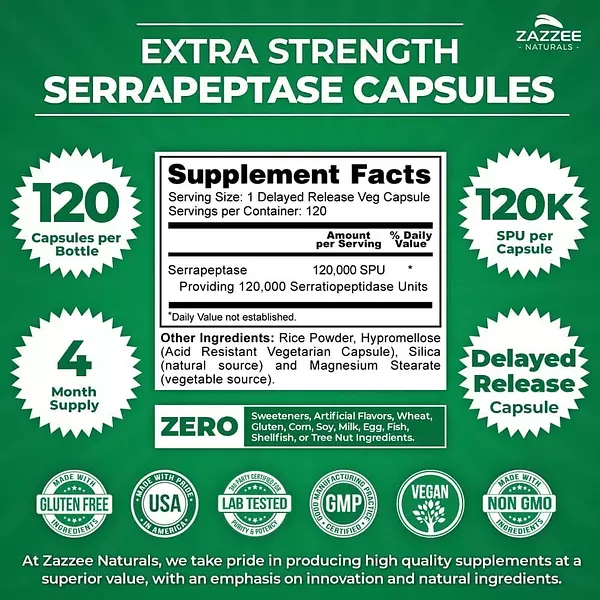 Salud y Equipamiento Médico - Serrapeptase 120 Caps Zazzee 2