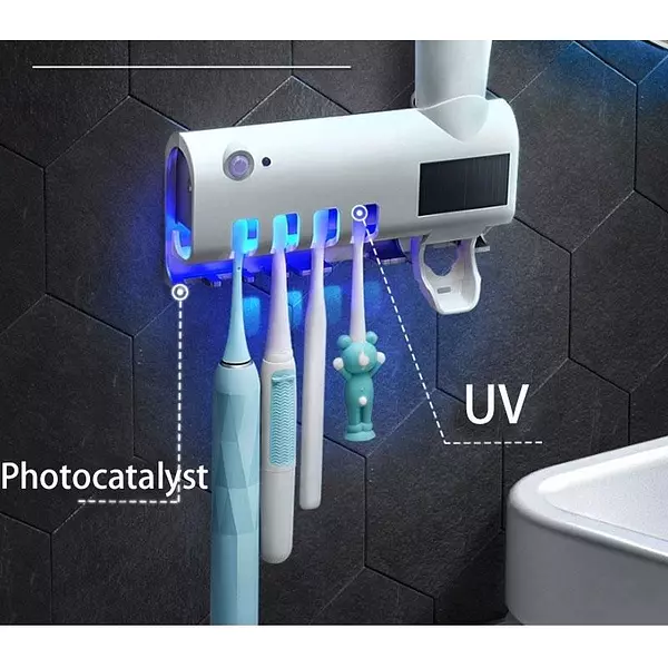 salud y belleza - Soporte para cepillo de dientes dispensador de pasta dental, desinfectante UV 2