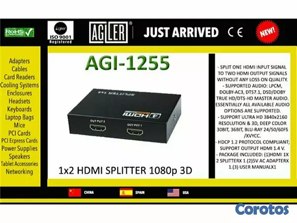 computadoras y laptops - SPLITTER HDMI 1X2 AGILER, SUPORTA HASTA 1080P, (AGI-1255)