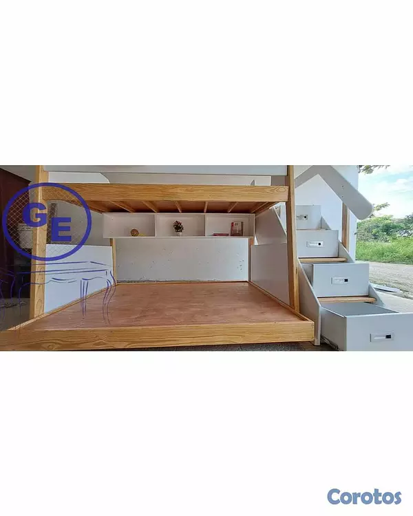 muebles - Camarote en madera para niños con cajones y espaci 4