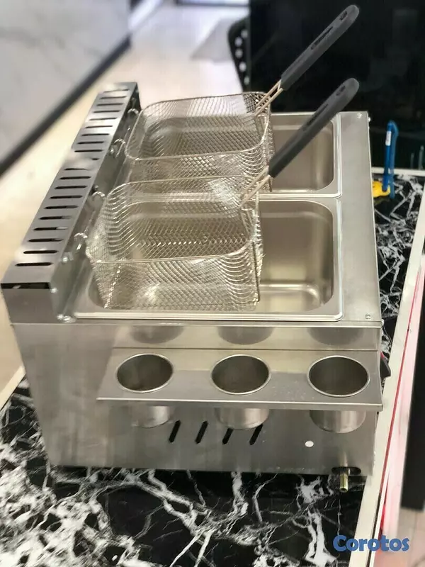 equipos profesionales - Freidora de gas de doble envase de 10 litros con escurridora para papa pollo 3