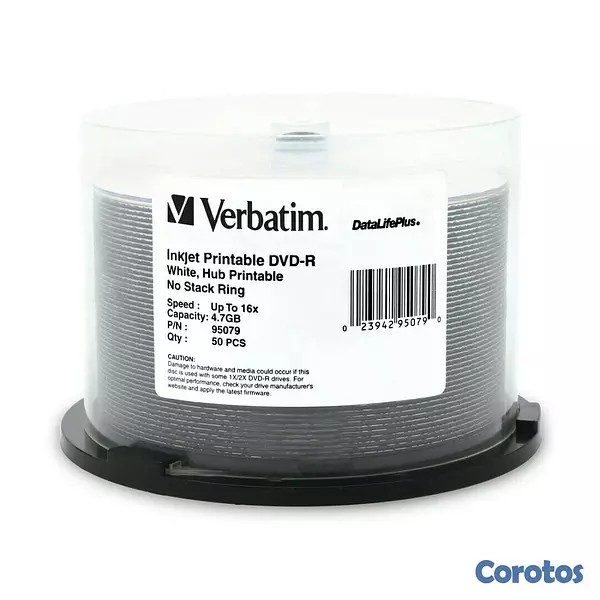 impresoras y scanners - DVD-R VERBATIM DATALIFEPLUS 16X, 4.7GB, BLANCO INKJET PRINTIABLE SPINDLE, 50PK