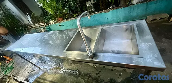 cocina - Fregadero doble y mesa de trabajo en acero inoxida 5