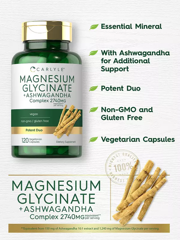 Salud y Equipamiento Médico - Glicinato De Magnesio Con Ashwagandha 2,740mg 120cap Carlyle 4