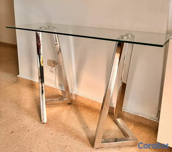 decoración y accesorios - Consola moderna de vidrio con base en acero inoxidable 3