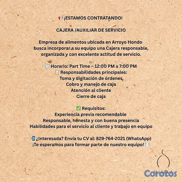 empleos disponibles - Auxiliar de Caja y Servicio 2