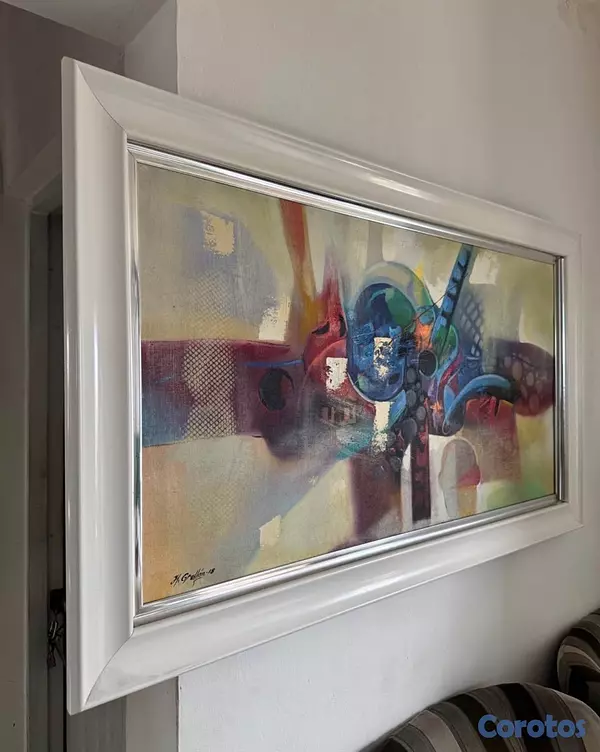arte y antigüedades - Cuadro Abstracto Grande 50x30 con Marco Blanco y Plateado 3
